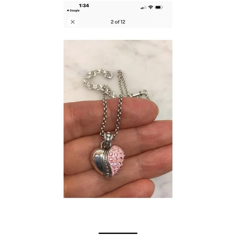 Brighton Silver Tone Pink Enamel & Crystal Puffy Heart Necklace